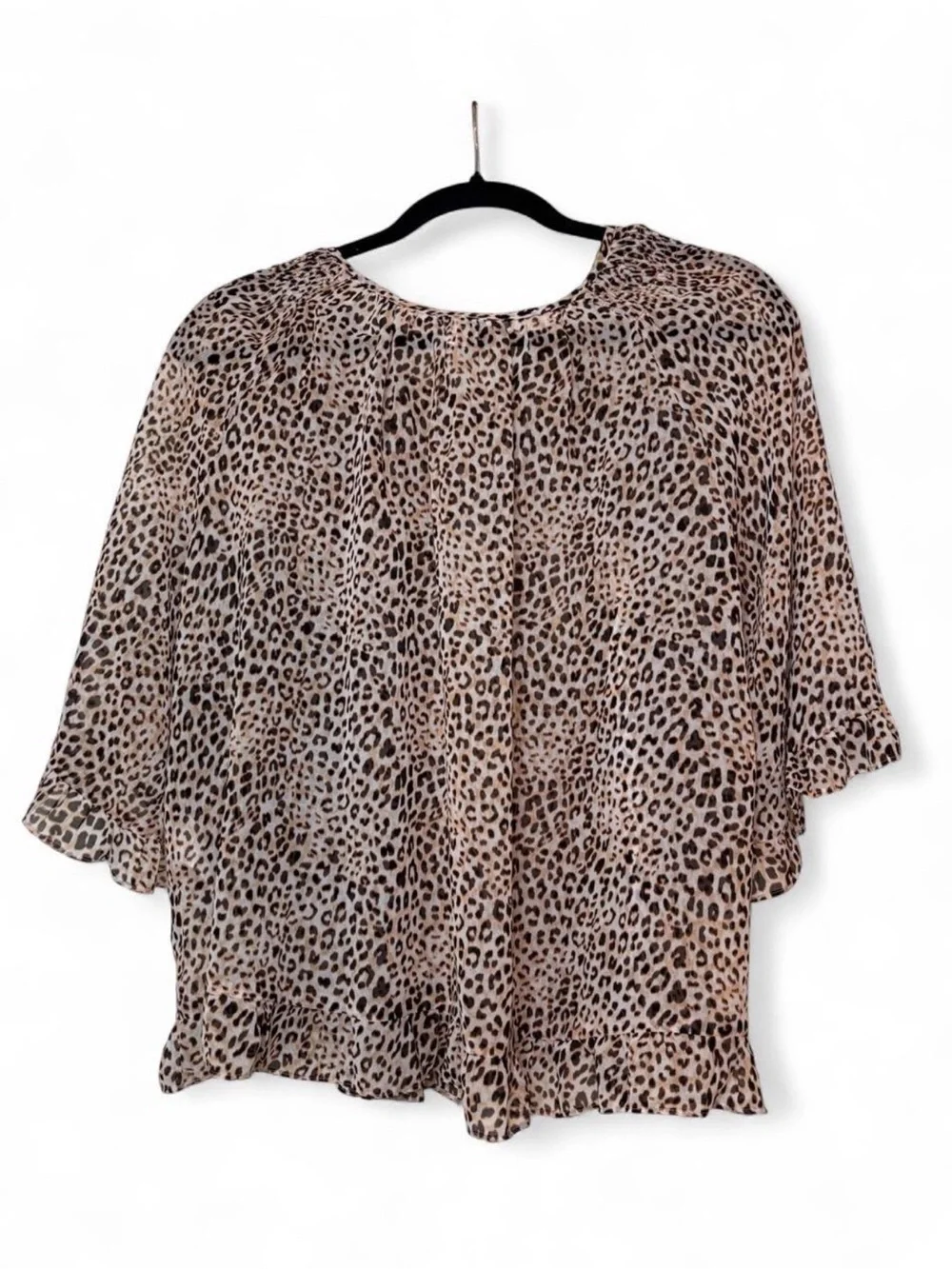 Chico's Leopard Print Ruffle Sleeve Blouse Size M Boho Chic Animal Print Top